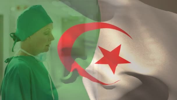 Composition Numérique Drapeau Algérie Agitant Contre Une Chirurgienne Caucasienne Stressée — Video