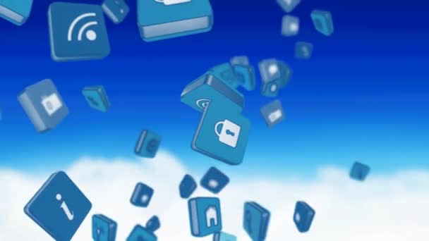 Animação Ícones Digitais Flutuando Sobre Nuvens Paisagem Céu Interface Digital — Vídeo de Stock