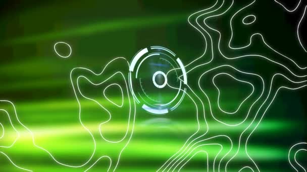 緑の背景にネオンラウンドスキャナーに対する地形のデジタルアニメーション コンピュータ インターフェースとテクノロジーの概念 — ストック動画