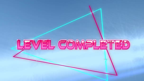 Digital Animation Level Completed Text Neon Triangles Spots Light Blue — Stock Video