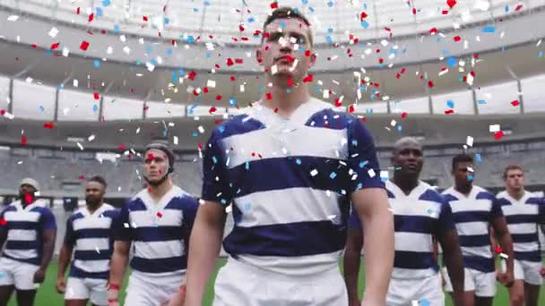 Animação Confetes Sobre Jogadores Rugby Masculinos Estádio Conceito Global Esportes — Vídeo de Stock