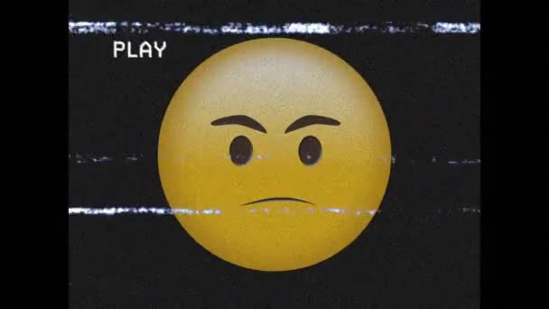 Digital Animation Vhs Glitch Effect Angry Face Emoji Black Background — Stock Video