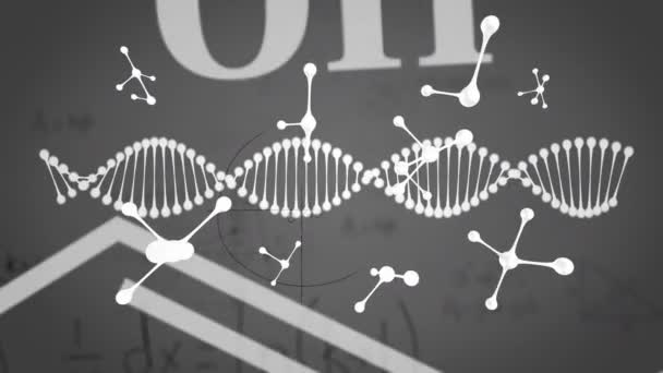 Animering Dna Strängar Som Snurrar Över Kemiska Och Matematiska Formler — Stockvideo