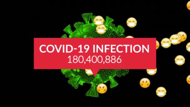 複数の顔の絵文字やCovid 19細胞の回転の増加のケースとCovid 19感染テキスト コロナウイルスCovid 19パンデミックの概念 — ストック動画