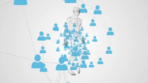 Animation Network Connected Blue People Icons Moving Walking Human Figure — Stock Video