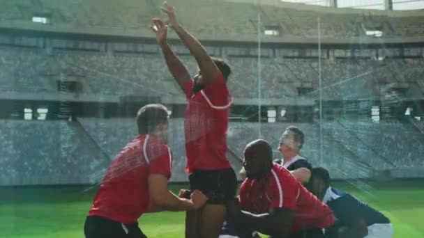 Animation Der Datenverarbeitung Über Rugbyspieler Stadion Globales Sport Fitness Und — Stockvideo