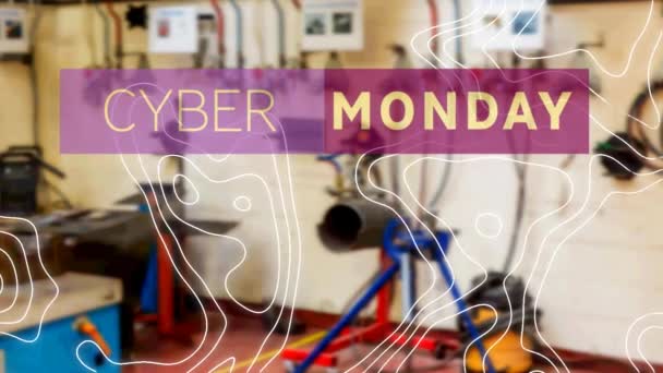 Cyber Monday Textbanner Über Der Topographie Vor Fabrik Hintergrund Verkaufsrabatt — Stockvideo