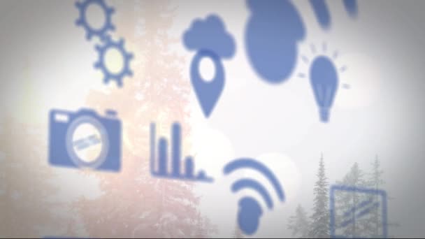 Kış Manzarasında Yüzen Kablosuz Internet Dijital Simgelerin Animasyonu Küresel Çevrimiçi — Stok video