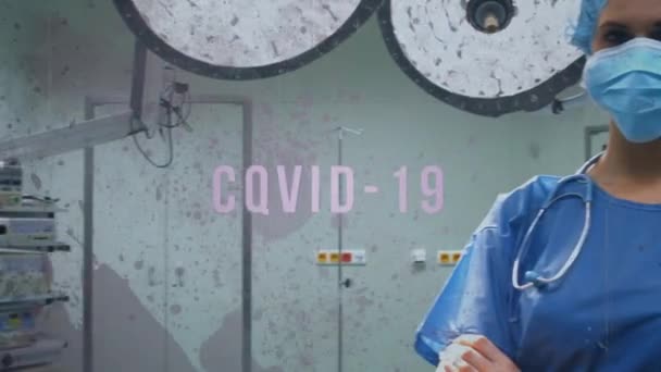 Covid Text Portrait Female Surgeon Wearing Surgical Mask Operation Theatre — Wideo stockowe