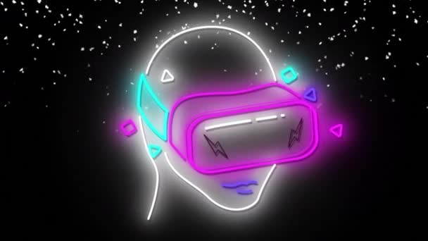 Neon Person Wearing Headset Icon White Particles Falling Black Background — Stock Video