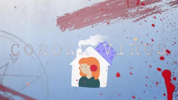 Covid Metni Covid Üzerinde Evdeki Kadın Sembolleri Mavi Arka Planda — Stok video