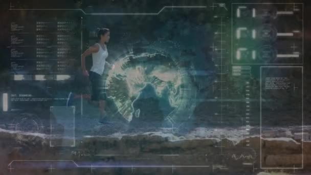 Animación Pantalla Digital Procesamiento Datos Sobre Mujer Forma Corriendo Concepto — Vídeo de stock