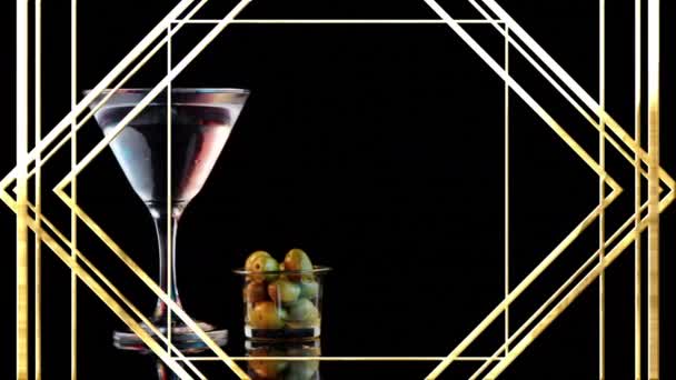 Animatie Van Patroon Bewegend Cocktailglas Met Olijven Zwarte Achtergrond Feest — Stockvideo