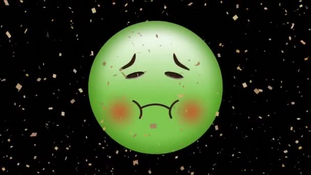 Digital Animation Konfetti Faller Över Gröna Sjuka Ansikte Emoji Mot — Stockvideo