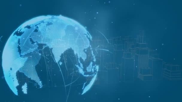 地球のアニメーション 3D都市図面回転上の接続のネットワーク 世界的な接続 デジタルインターフェースの概念デジタル生成されたビデオ — ストック動画