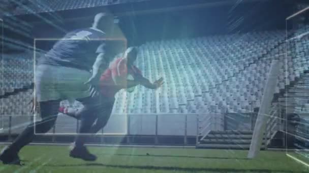 Animacja Przetwarzania Danych Nad Zawodnikami Rugby Stadionie Globalna Koncepcja Sportów — Wideo stockowe
