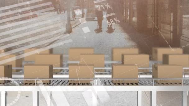针对传送带上的送货箱对街道进行统计数据处理 物流和运输业务概念 — 图库视频影像
