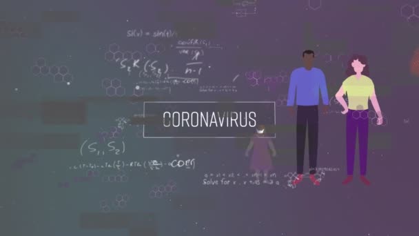 Coronavirus Tekst Banner Chemische Structuren Zweven Mensen Handhaven Van Sociale — Stockvideo