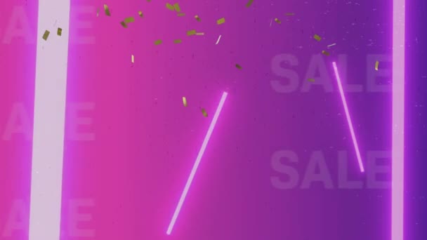 Анімація Тексту Продажу Над Золотим Конфетті Фіолетовому Рожевому Тлі Концепція — стокове відео