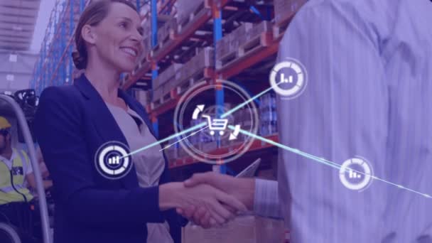 Network Digital Icons Caucasian Male Female Supervisor Shaking Hands Warehouse — Stock Video