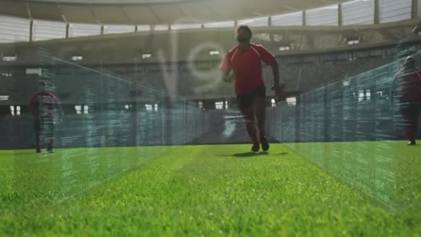 Animatie Van Gegevensverwerking Rugbyspelers Het Stadion Wereldwijd Concept Voor Sport — Stockvideo