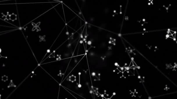 分子構造のデジタルアニメーションと黒の背景に対する接続のネットワーク 医学研究と技術の概念は — ストック動画