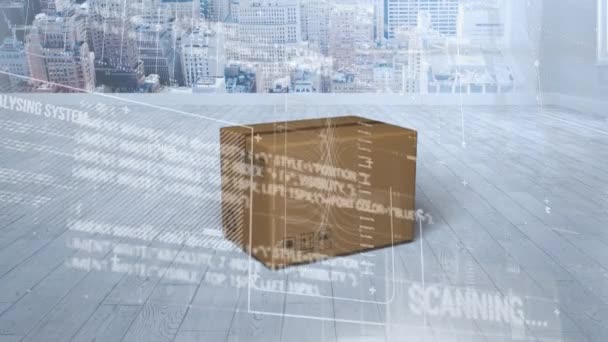 Interface Digital Com Processamento Dados Sobre Caixa Entrega Superfície Madeira — Vídeo de Stock