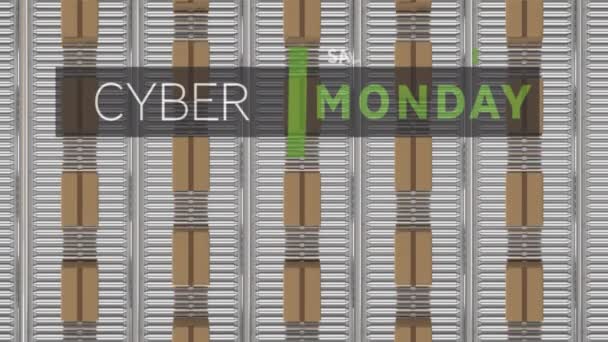 Cyber Monday Verkauf Textbanner Gegen Overhead Ansicht Von Mehreren Lieferboxen — Stockvideo