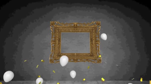 Golden Confetti Falling Multiple Balloons Floating Frame Grey Background Event — Stock Video