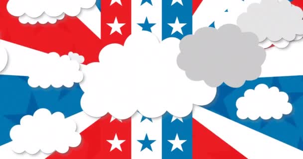白い背景にアメリカ国旗の上を移動する雲のアニメーション 愛国心とお祝いのコンセプトをデジタルで — ストック動画