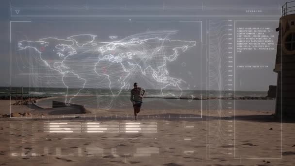 Анимация Цифрового Экрана Карты Мира Над Сидящим Сторонке Человеком Глобальная — стоковое видео