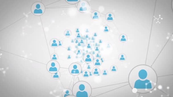 动画中的小白色网络在连在一起的蓝人网络上移动 图标上是白色的 全球通信 社交网络和数字视频接口概念 — 图库视频影像