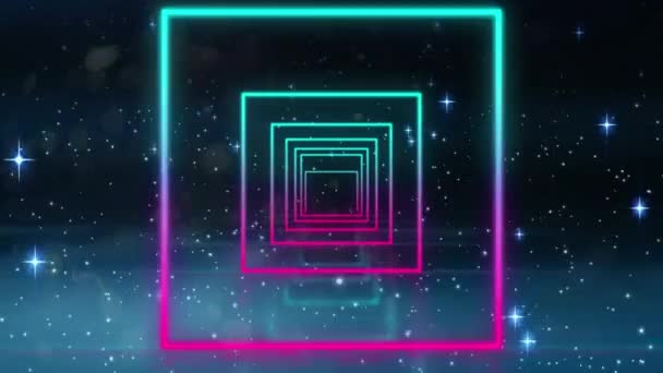 Digitální Animace Barevných Neonových Čtverců Plynulém Pohybu Zářících Hvězdách Černém — Stock video