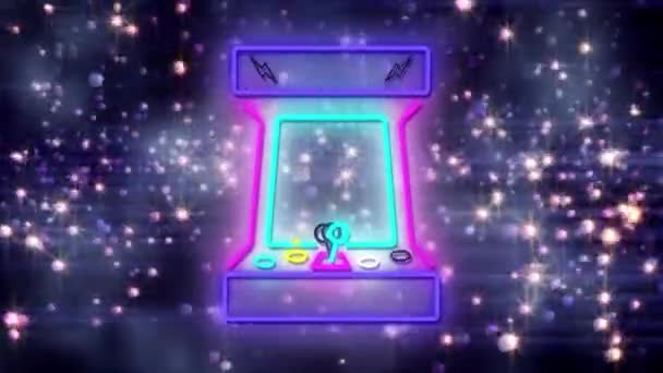 Digitale Animatie Van Neon Arcade Game Machine Tegen Stralende Lichtvlekken — Stockvideo