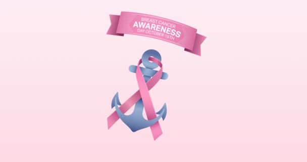 Animation Pink Ribbon Anchor Logo Breast Cancer Text Appearing Pink — Stock Video