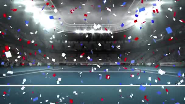 Animatie Van Blauwe Rode Confetti Vallen Sportstadion Patriottisme Viering Concept — Stockvideo