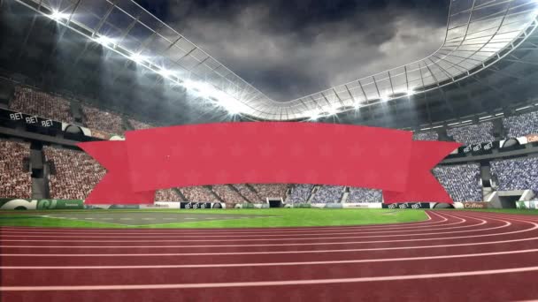 Fajerwerki Wybuchające Szczęśliwy Dzień Niepodległości Sztandar Tekstowy Przeciwko Stadionowi Sportowemu — Wideo stockowe