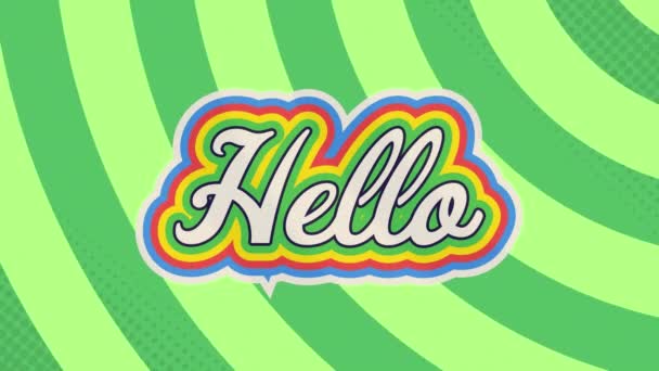 Digital Animation Hello Text Rainbow Shadow Effect Green Radial Background — Stock Video