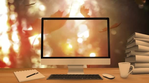 Masaüstü Bilgisayar Ofis Ekipmanları Sonbahar Akçaağaç Yaprakları Karşısında Arka Planda — Stok video