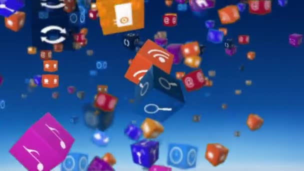 Animation Icônes Numériques Flottant Sur Fond Bleu Interface Numérique Mondiale — Video