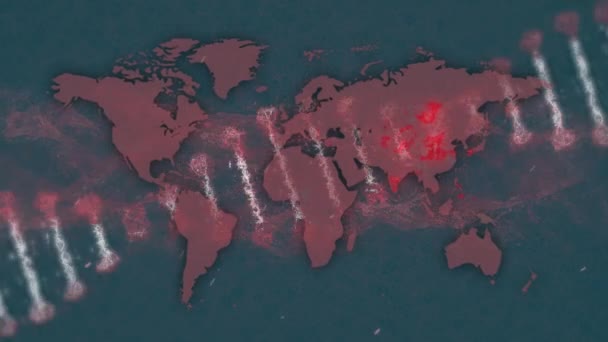 Dna Struktur Snurrar Över Världskartan Och Digitala Vågor Mot Grön — Stockvideo