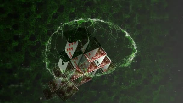 Animação Cérebro Digital Com Cartas Baralho Jogos Azar Vencedores Casino — Vídeo de Stock