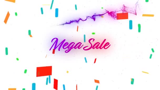 Animatie Van Mega Verkoop Tekst Kleurrijke Vallende Confetti Winkel Retailconcept — Stockvideo