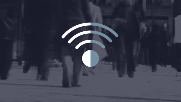 Animation Wifi Icône Numérique Flottant Sur Les Piétons Dans Rue — Video