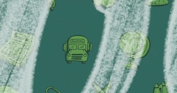 Анімація Тексту Назад Школи Над Піктограмами Шкільних Предметів Зеленому Тлі — стокове відео