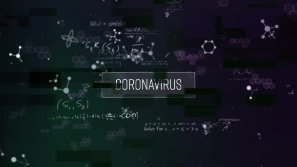 Banner Texto Del Coronavirus Sobre Estructuras Moleculares Ecuaciones Matemáticas Sobre — Vídeos de Stock