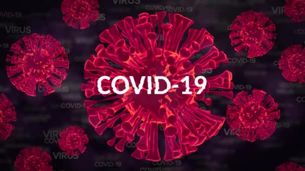 Covid 19概念文書に対して浮動する複数のCovid 19細胞に対するCovid 19テキスト コロナウイルスCovid 19パンデミックの概念 — ストック動画