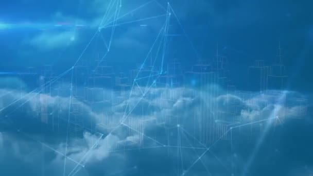 Rede Conexões Sobre Modelo Cidade Girando Contra Nuvens Céu Azul — Vídeo de Stock