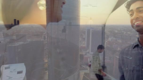 Digital Composition Businessman Businesswoman Shaking Hands Aerial View Cityscape Global — Stock Video