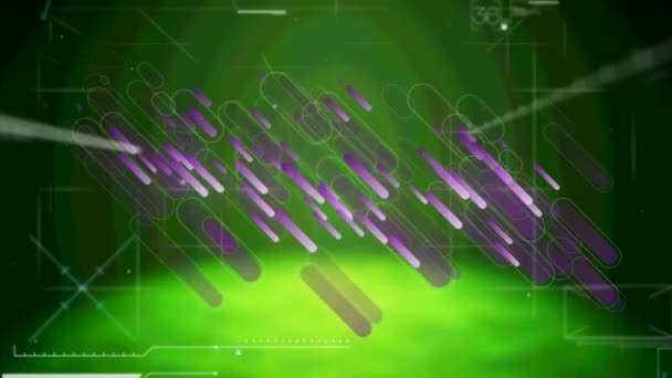 Paarse Lichtsporen Vallen Digitale Interface Met Gegevensverwerking Tegen Groene Achtergrond — Stockvideo